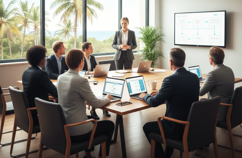 Business team meeting with presenter and laptops