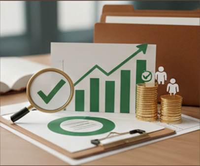 Financial growth chart with coins and magnifier
