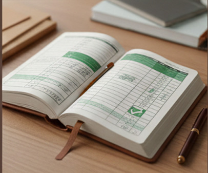 Open planner with green checklist and pen