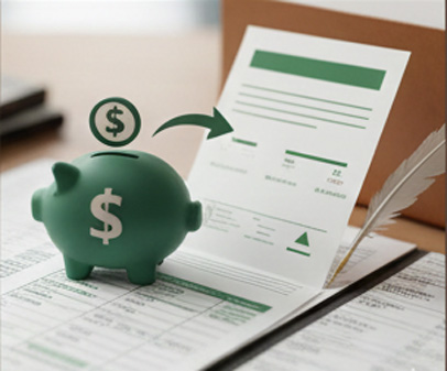 Green piggy bank on financial documents