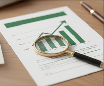 Magnifying glass on financial growth chart