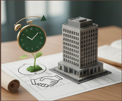 Miniature building with sprouting clock on blueprint