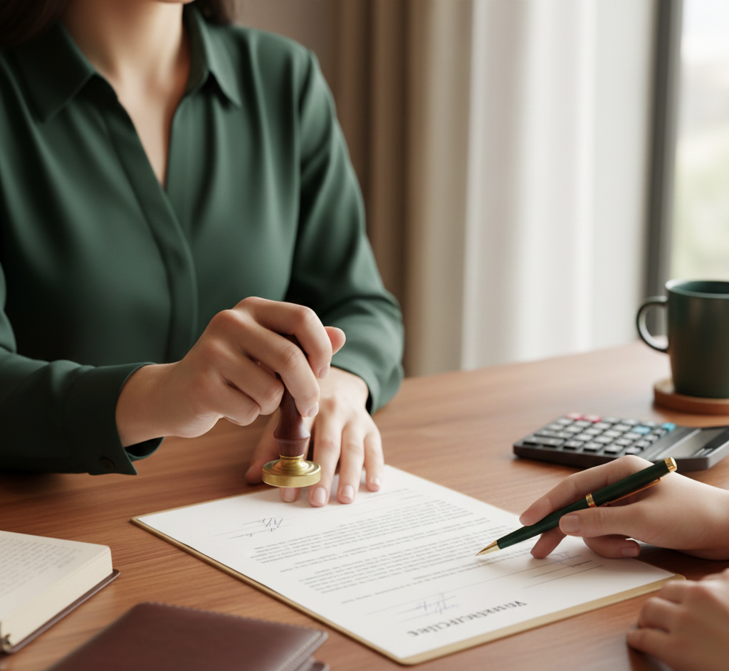 Hands stamping contract while another person signs