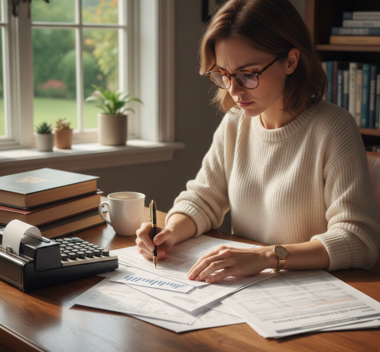 Woman analyzing financial documents at desk
